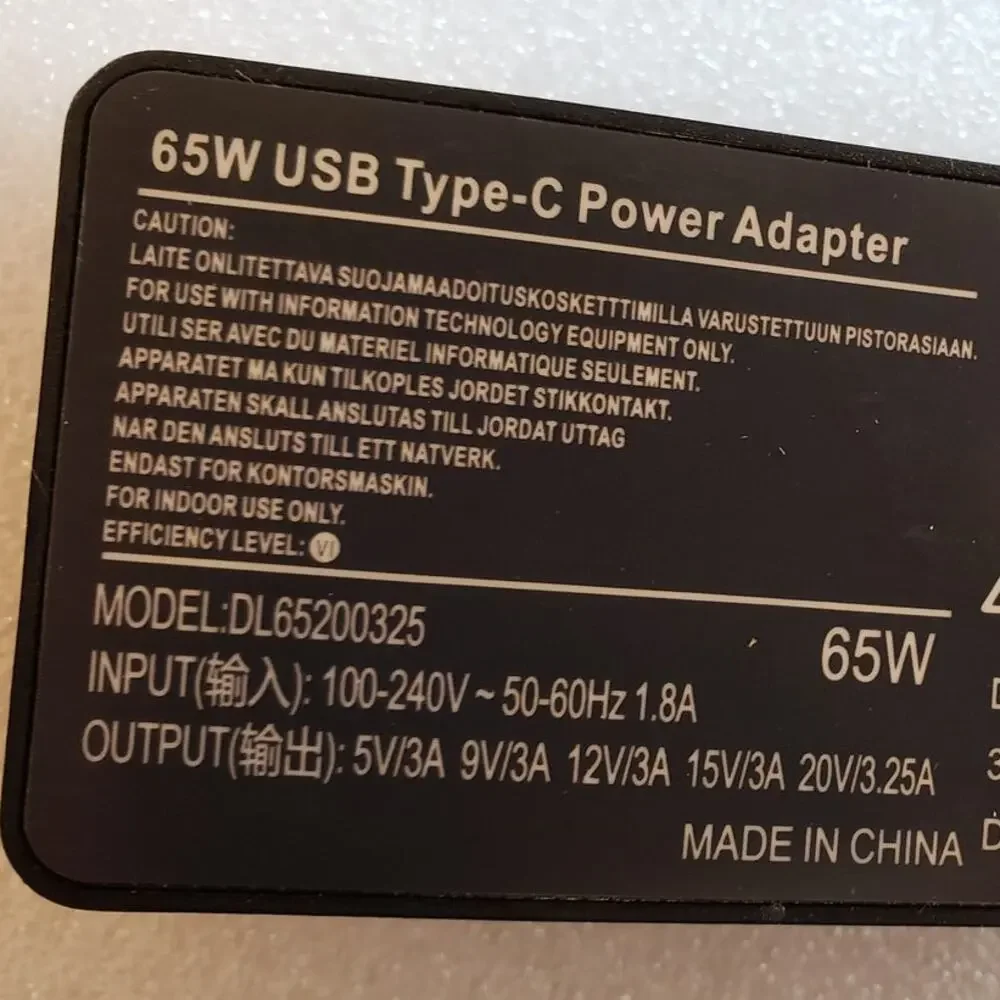 65W USB Type-C Power Adapter Laptop Charger with AC Power Cord Model DL65200325